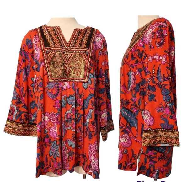 Soft Sorroundings Sequins Embroidered Floral Print Tunic Top 3/4 Sleeve Size 1x - Picture 4 of 13